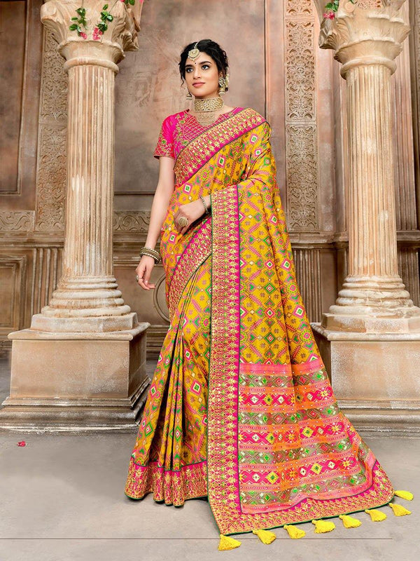 Women's Yellow & Pink Silk Embroidered Saree-Myracouture