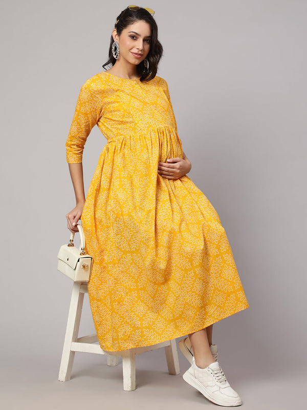 Women's Yellow Printed Flared Maternity Dress - Nayo Clothing