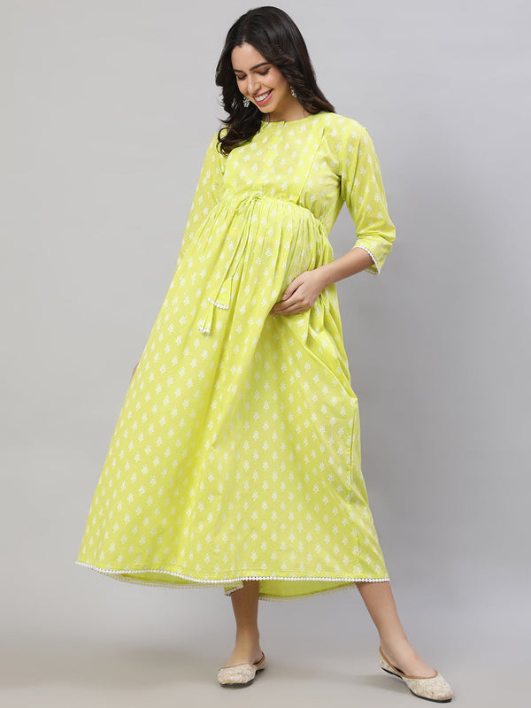 Women's Yellow Printed Flared Maternity Dress - Nayo Clothing