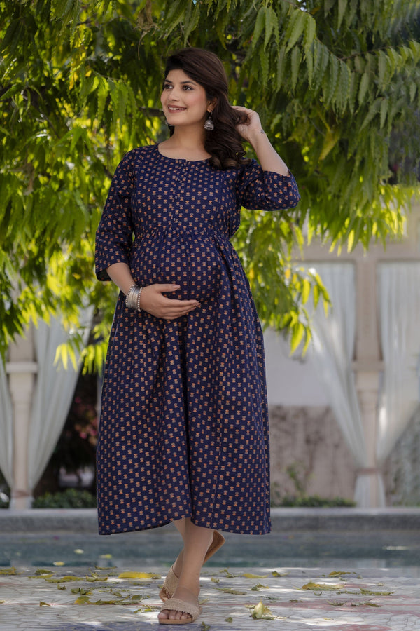 Women's Navy Blue Printed Flared Maternity Dress - Taantav