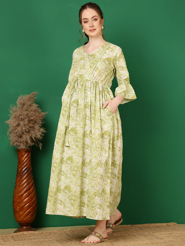 Women's Green Printed Flared Maternity Dress - Taantav