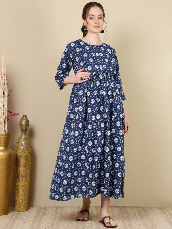 Women's Navy Blue Printed Flared Maternity Dress - Taantav