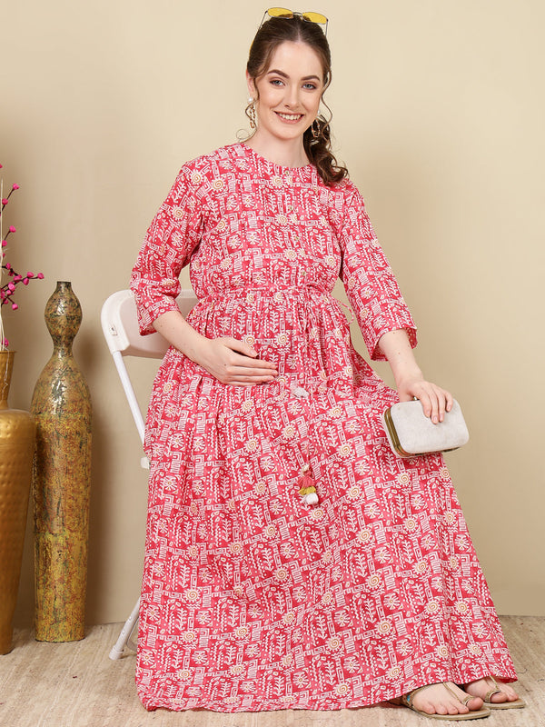 Women's Pink Printed Flared Maternity Dress - Taantav