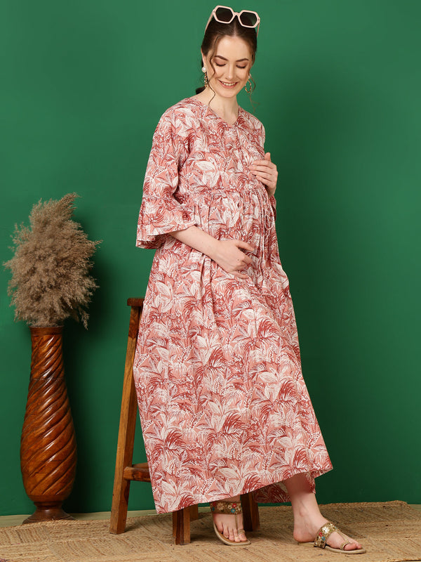 Women's Mauve Floral Printed Flared Maternity Dress - Taantav