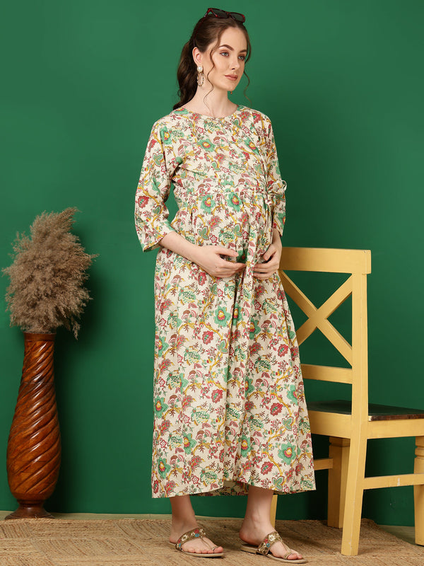 Women's Off White Printed Flared Maternity Dress - Taantav