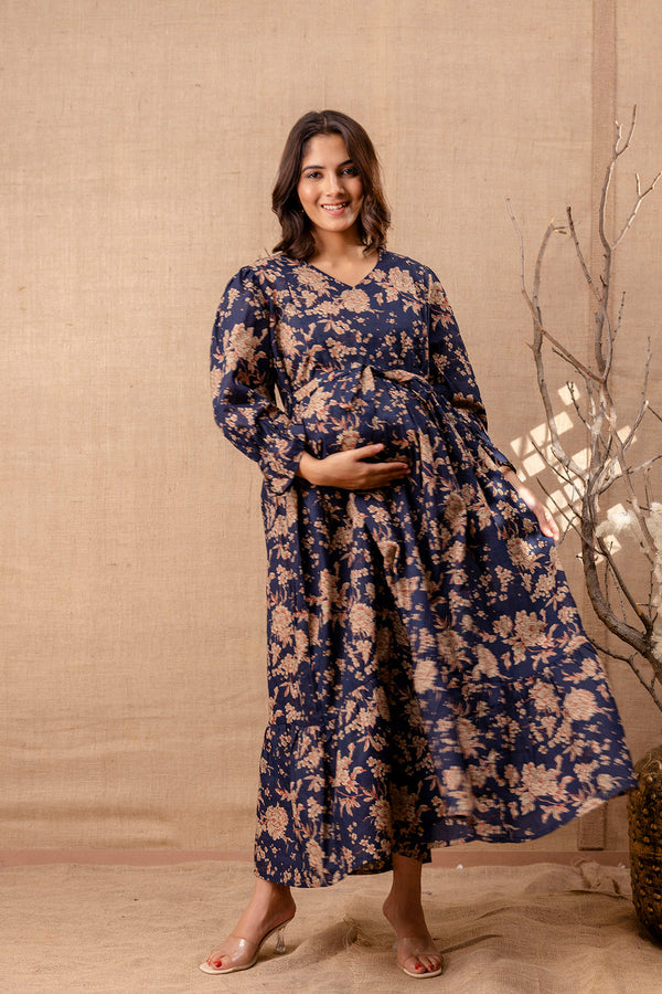 Women's Navy Blue Printed Flared Maternity Dress - Taantav