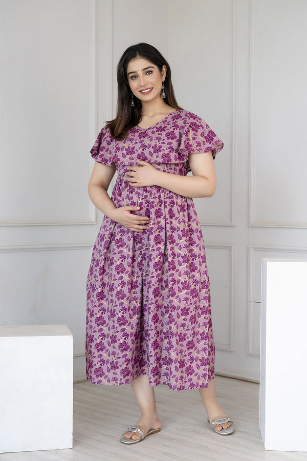 Women's Purple Printed Flared Maternity Dress - Taantav