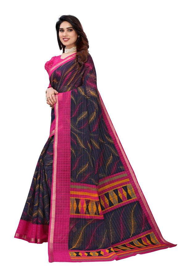 Women's Navy Linen Jari Border Saree - Vamika