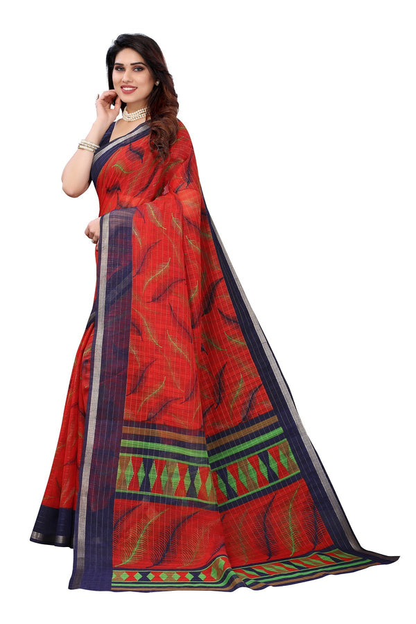 Women's Red Linen Jari Border Saree - Vamika