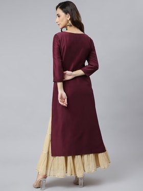 Women Wine Poly Silk Solid Straight Kurta - Janasya