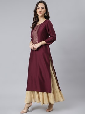 Women Wine Poly Silk Solid Straight Kurta - Janasya