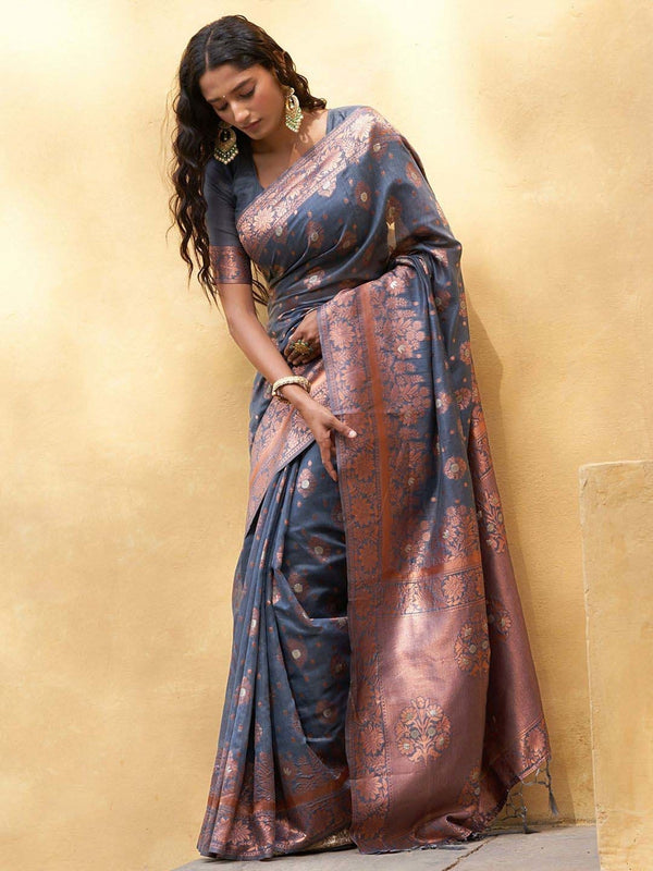 Women's Dark Grey Chanderi Silk Saree - Janasya