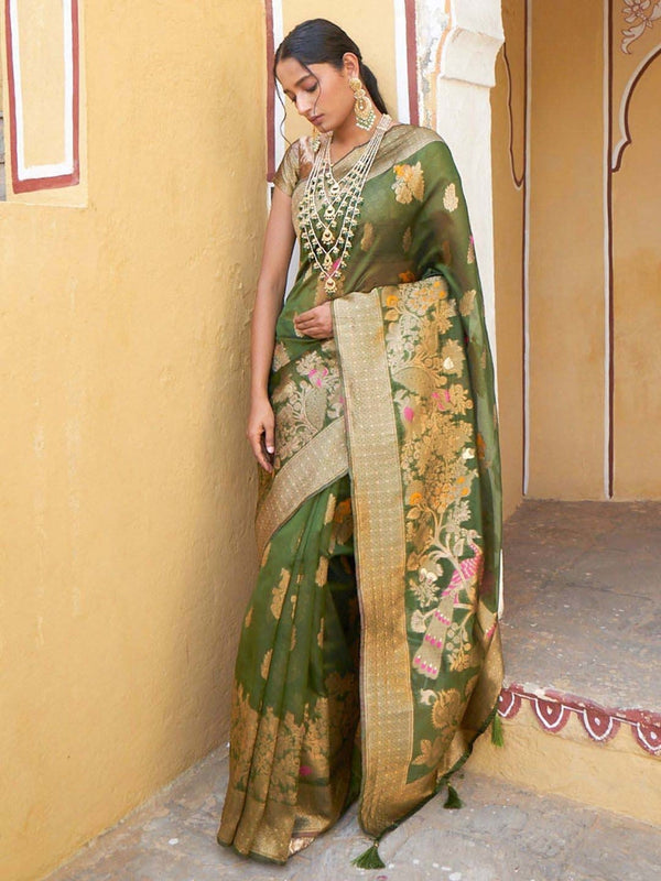 Women's Mehendi Green Organza Saree - Janasya