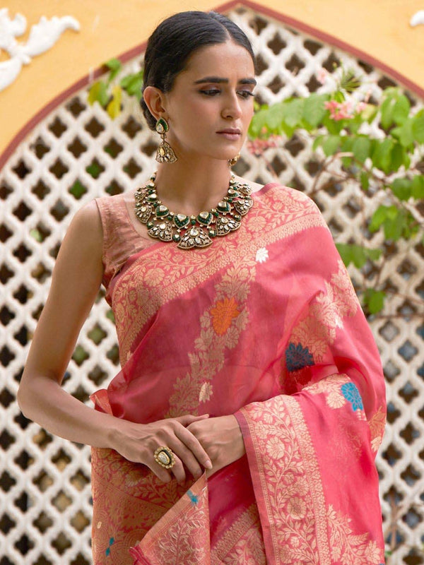 Women's Pink Organza  Saree - Janasya