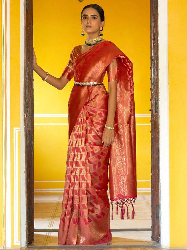 Women's Pink Organza Saree - Janasya