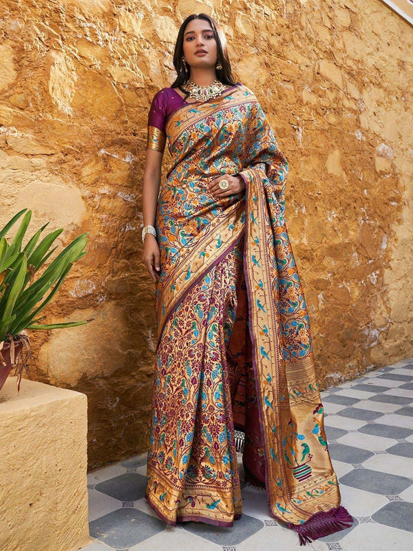 Women's Wine Paithani Silk Saree - Janasya