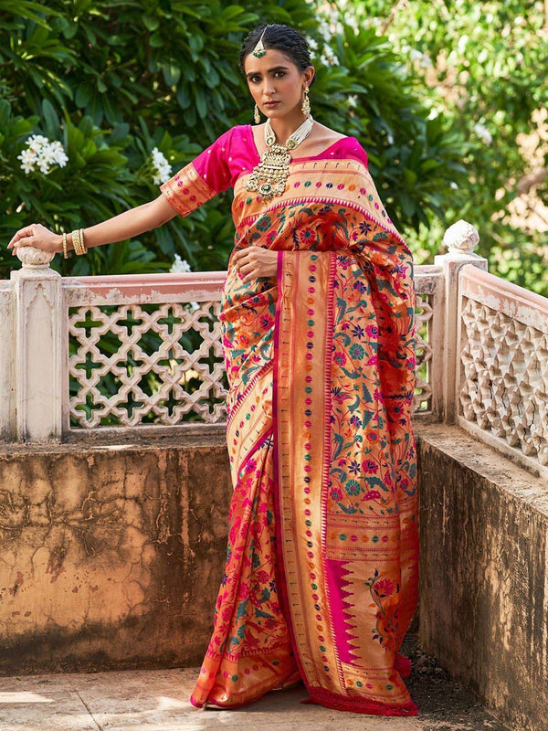 Women's Pink Paithani Silk Saree - Janasya