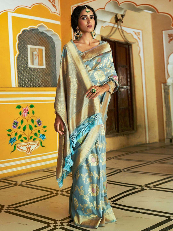 Women's Grey Banarasi Silk Saree - Janasya