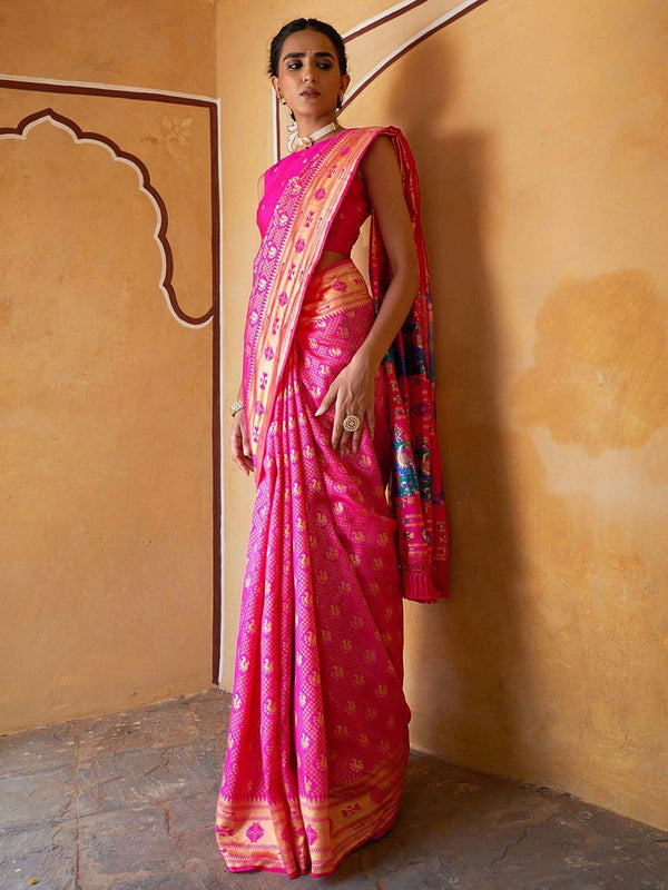 Women's Fushia Pink Paithani Silk Saree - Janasya