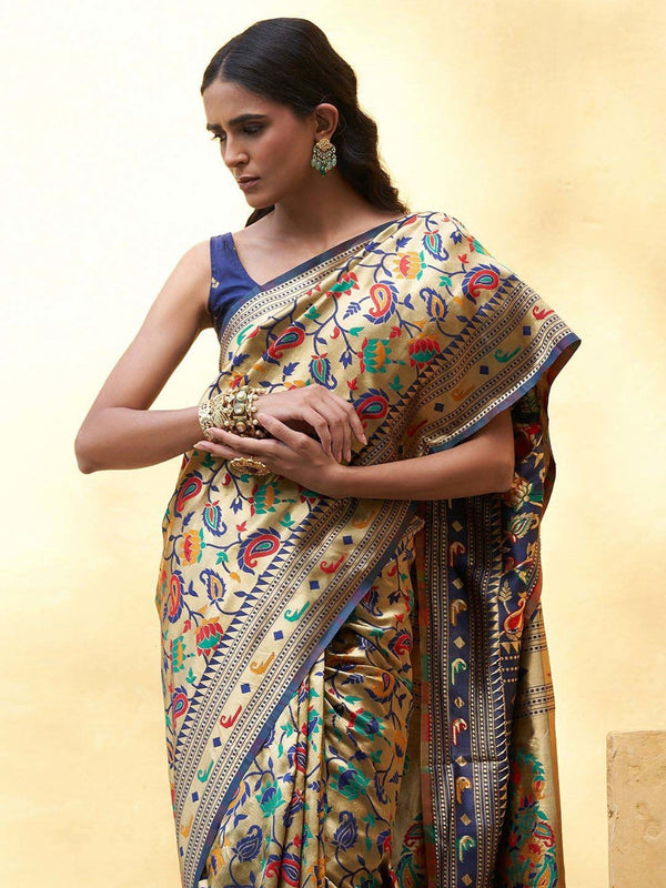 Women's Golden Paithani Silk Saree - Janasya