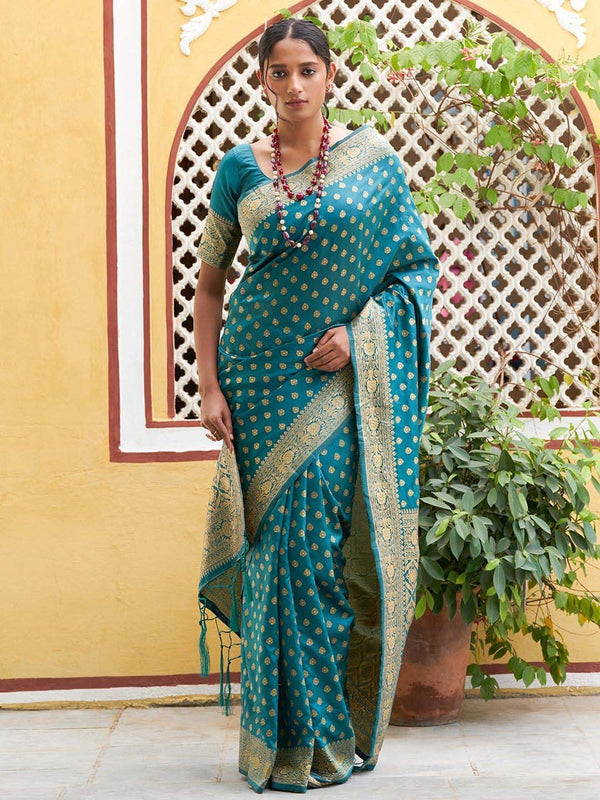 Women's Teal Green Banarasi Silk Saree - Janasya