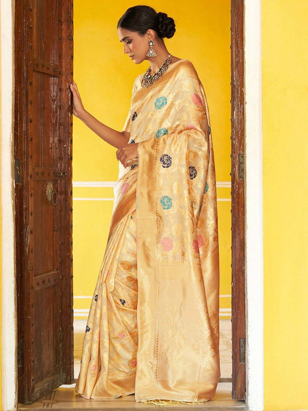 Women's Cream Banarasi Silk Saree - Janasya