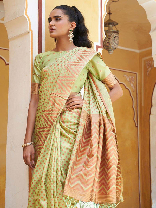 Women's Pista Green Silk Blend Saree - Janasya