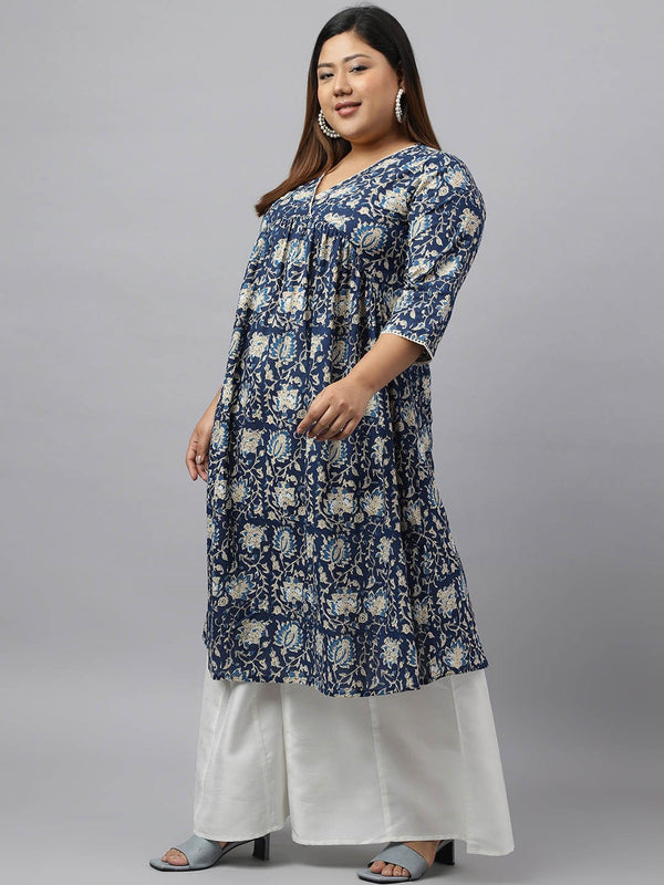 Women's Navy Blue Cotton Floral Printed Kurta - Janasya