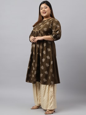 Women's Olive Poly Crepe Foil Printed Kurta - Janasya