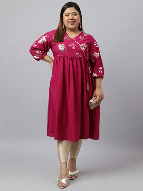 Women's Magenta Poly Crepe Foil Floral Print Kurta - Janasya