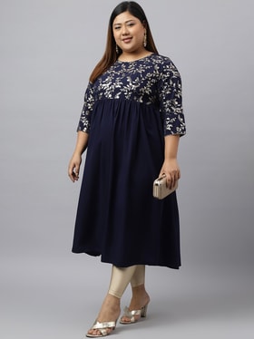 Women's Navy Blue Crepe Foil Printed Kurta - Janasya