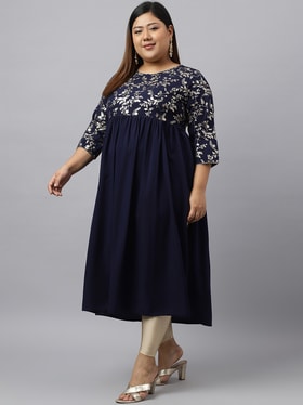 Women's Navy Blue Crepe Foil Printed Kurta - Janasya