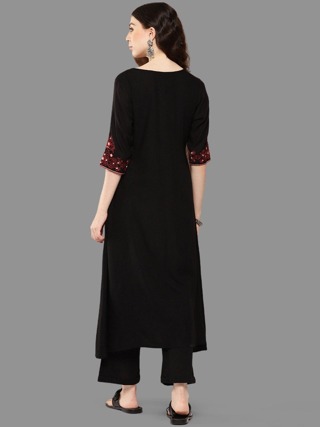 Women Black Rayon Yoke Embroidered A-Line Kurta - Janasya