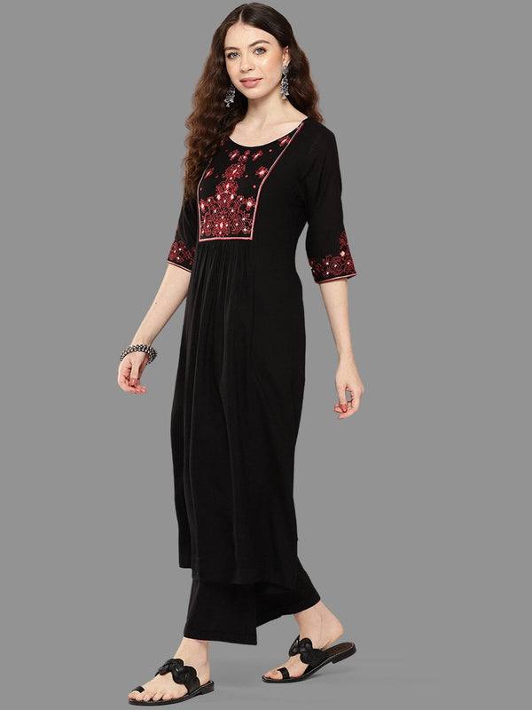 Women Black Rayon Yoke Embroidered A-Line Kurta - Janasya