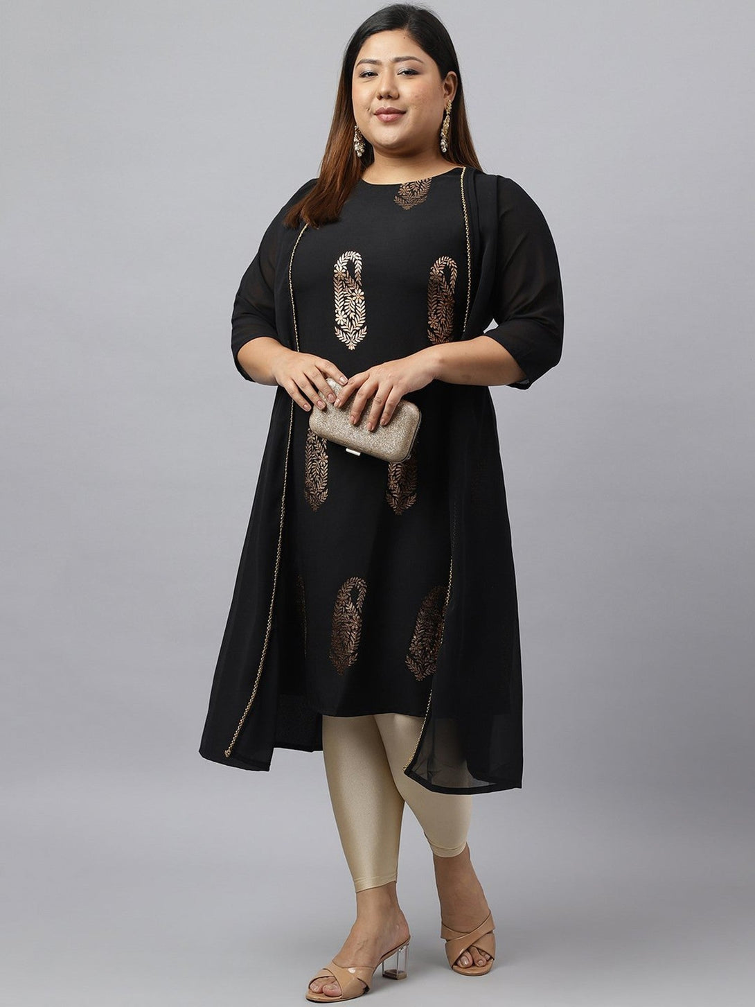 Women's Black Poly Crepe Foil Printed Kurta - Janasya