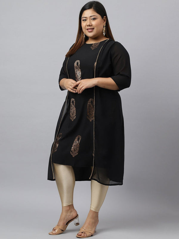 Women's Black Poly Crepe Foil Printed Kurta - Janasya