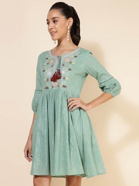 Women's Cotton Yoke Embroidery Green Casual Dress - Janasya