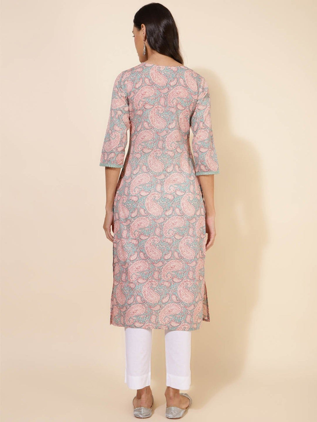 Women Sage Green Cotton Paisley Printed Straight Kurta - Janasya