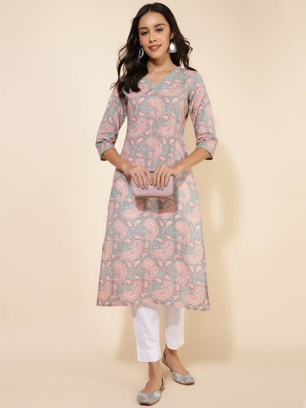 Women Sage Green Cotton Paisley Printed Straight Kurta - Janasya