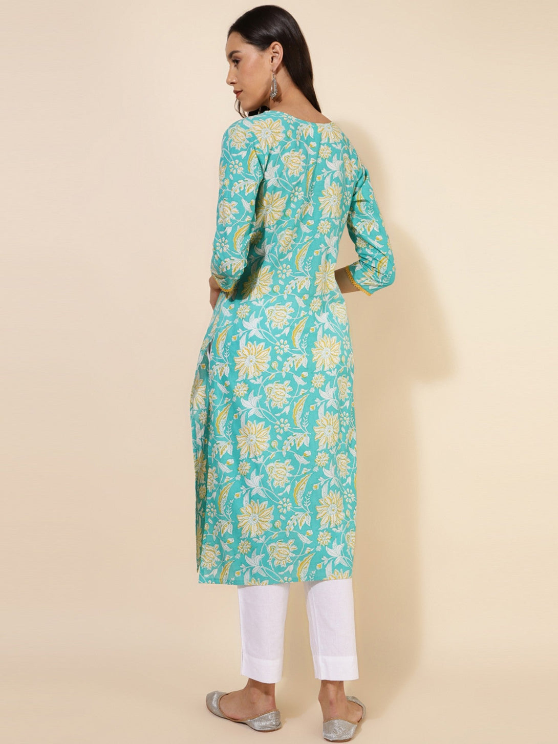 Women Aqua Blue Cotton Floral Printed Straight Kurta - Janasya