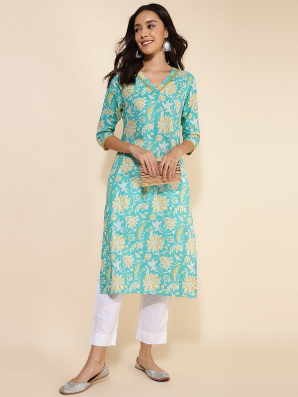 Women Aqua Blue Cotton Floral Printed Straight Kurta - Janasya