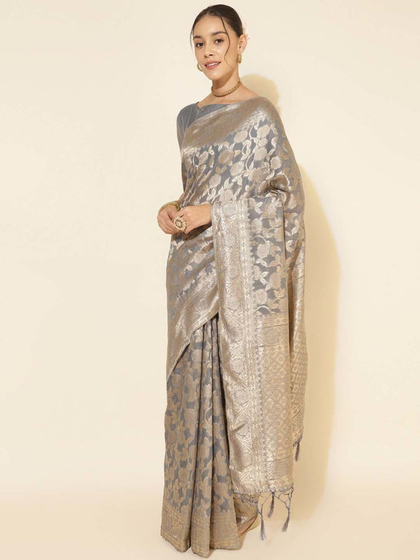 Women's Grey Chanderi Silk Saree - Janasya