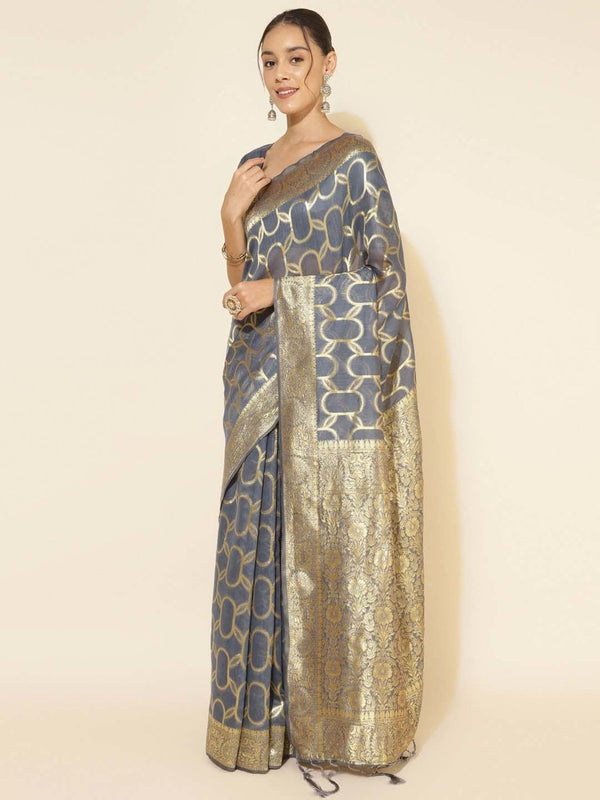 Women's Grey Chanderi Silk Saree - Janasya