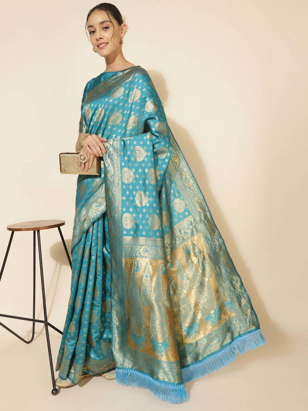 Women's Turquoise Blue Banarasi Silk Saree - Janasya