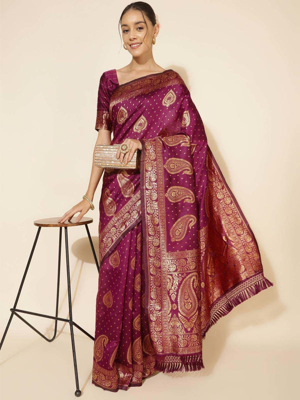 Women's Wine Banarasi Silk Saree - Janasya