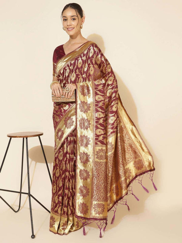 Women's Wine Chanderi Silk Saree - Janasya