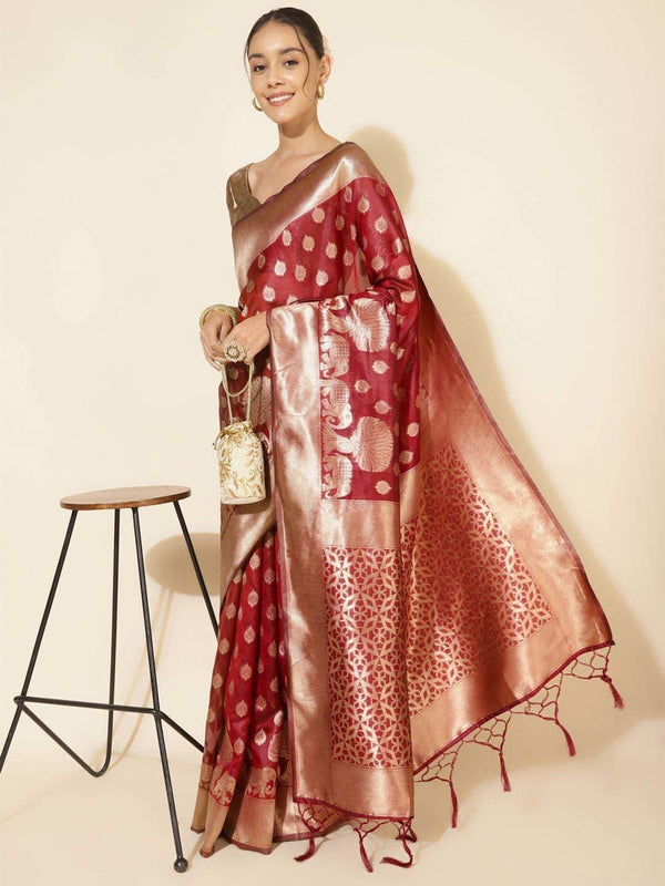 Women's Maroon Organza Saree - Janasya