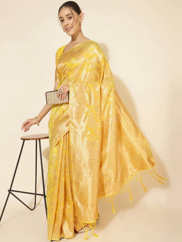 Women's Yellow Chanderi Silk Saree - Janasya