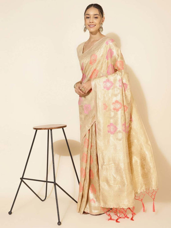 Women's Cream Chanderi Silk Saree - Janasya