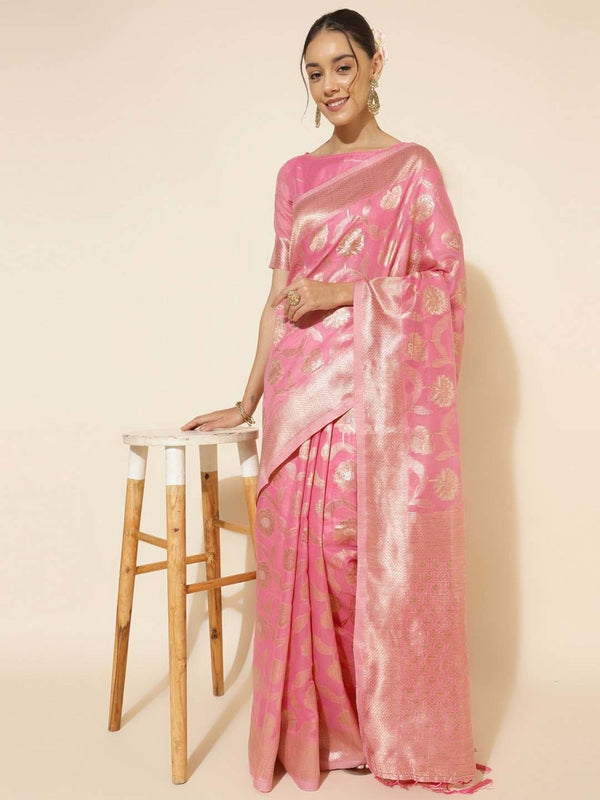 Women's Pink Chanderi Silk Saree - Janasya